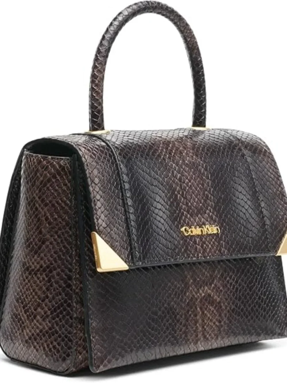 Calvin Klein Snakeskin Fern Top Handle Leather Satchel Crossbody Gold Hardware